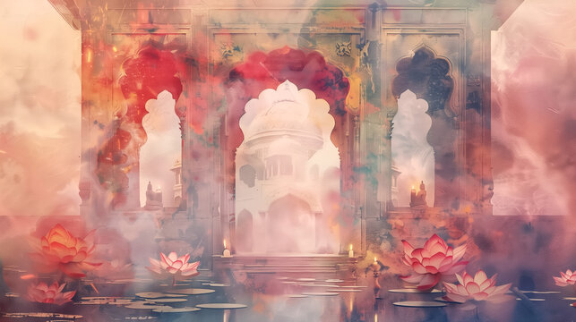 Dreamy watercolor illustration of a serene temple or mandir interior with lotus flowers floating on calm water, surrounded by soft mist and warm candlelight.