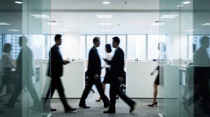 Fototapeta premium Blurred motion of business people walking through a modern office corridor, symbolizing dynamic corporate environment and busy professional life.