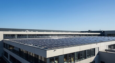 Obraz premium Modern industrial building with expansive solar panel array on the rooftop under a clear blue sky