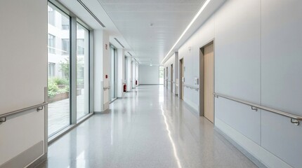Fototapeta premium Modern hospital corridor with large windows showing green courtyard and doors on the right