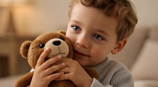 A sweet little boy with curly hair affectionately hugging his teddy bear