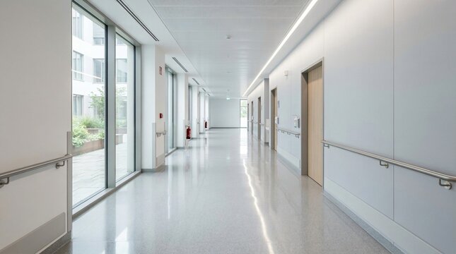 Modern hospital corridor with large windows showing green courtyard and doors on the right