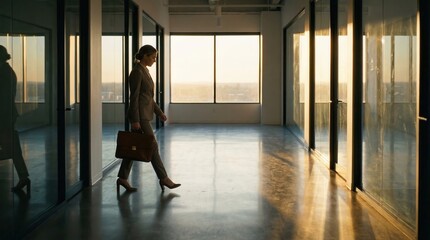 Obraz premium Businesswoman walking through a modern office hallway with bright sunlight streaming through windows.
