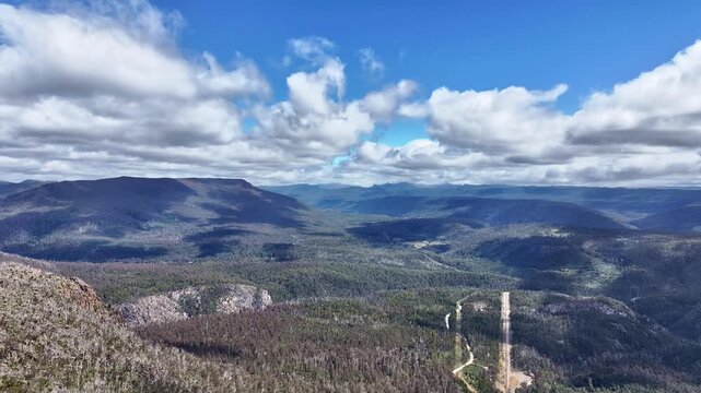 Spectacular footage of Fisher River Lookout Mersey Forest Tasmania Australia