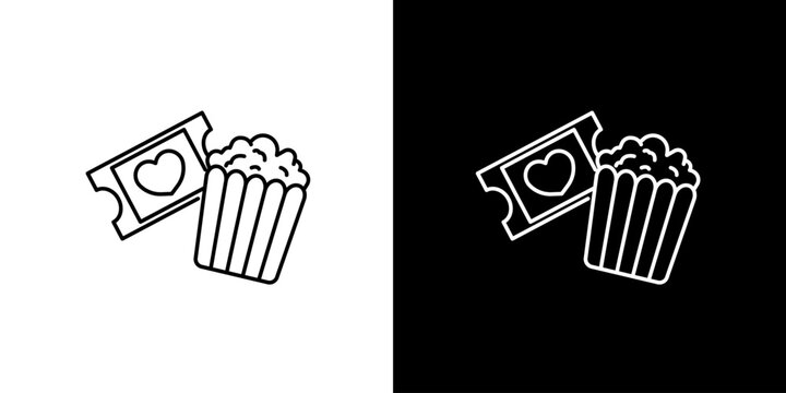 Vector line icon illustration of movie tickets with a heart and a popcorn bucket, symbolizing a romantic cinema date, fun film night, or entertainment graphic