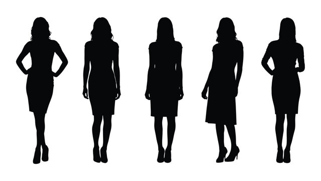 Five silhouettes of women in various poses and attire, showcasing different body types and fashion styles