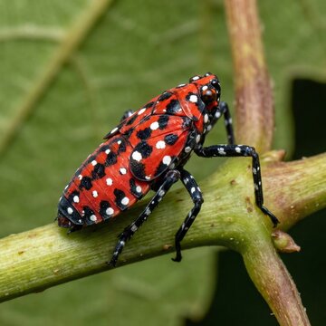 Late instar spotted lanternfly nymph resting on green plant stem