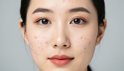 Acne and Skin: Close-up of a person's face showing skin texture with acne, reflecting the need for skincare solutions.