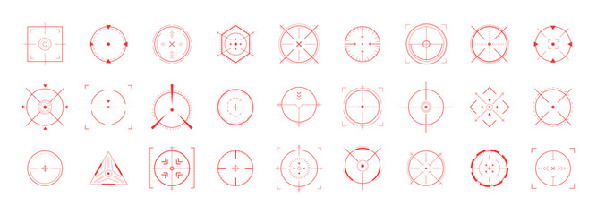 Tech crosshair and red Hud alignment. Asset with bullseye target. Neon buttons and exploding compass. Future vision with progress and innovation. Military Vector illustration.