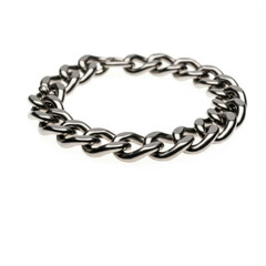 Obraz premium Heavy metal chain arranged in a circular pattern on a white background, isolated to highlight its shiny and robust links, resembling a pant accessory