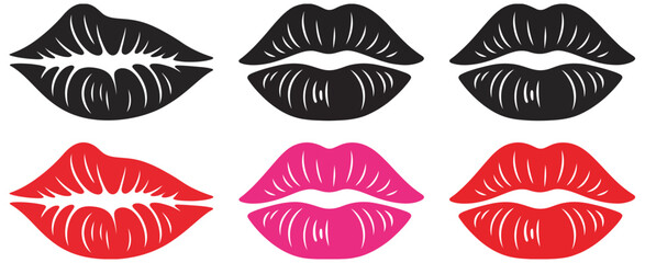 Lips, silhouette and kiss mark set, red, pink, and black lip print icons vector collection, romantic and beauty concept, editable illustration isolated on transparent background.