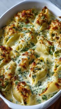 Creamy stuffed pasta with mint and peas served on a plate