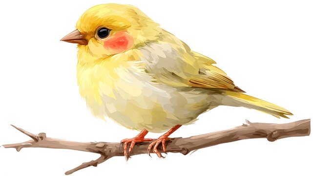A small yellow bird with red cheeks perched on a branch.