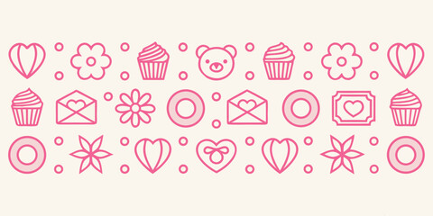 A set of pink icons including hearts, cupcakes, and flowers Vector, illustration