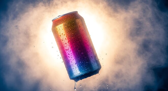 Floating soda can with vibrant prismatic colors and dripping water. lata refresco