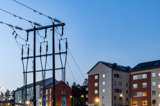Stockholm, Sweden A night view of an electricity pylon in the Ursvik residential district.