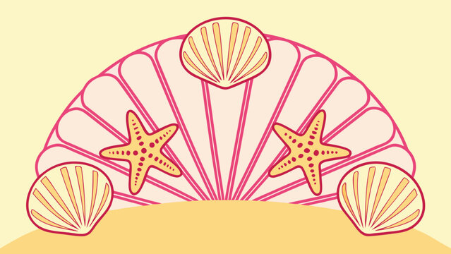 A pink seashell with starfish and seashells on a yellow background Vector, illustration