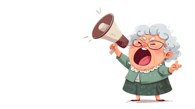 Angry Grandmother Shouting Through Megaphone with Exaggerated Expression.
