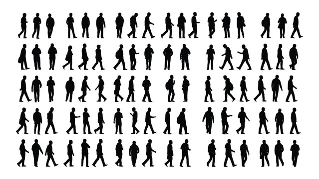 A comprehensive analysis of human silhouettes in various walking poses and angles, showcasing diverse body language and movement patterns