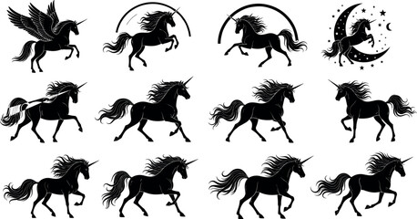 Unicorn silhouette collection with magical horse poses, fantasy mythical animal icons in black isolated on light background for fairytale design, decoration and illustration © MstRazia
