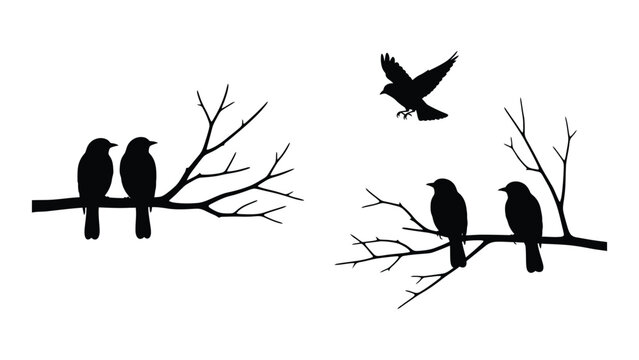 Silhouette of birds on bare branches with one flying above, contrasting against a pure white background, evoking a sense of freedom and serenity in nature