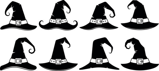 Witch hat silhouette collection with spooky Halloween costume accessories vector illustration, black magic headwear icons isolated on light background for holiday decoration design © MstRazia
