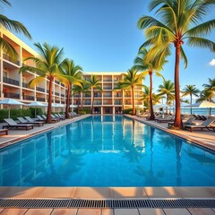 Fototapeta premium Swimming pool at a resort hotel with lounge chairs and palm trees, tropical, swimming