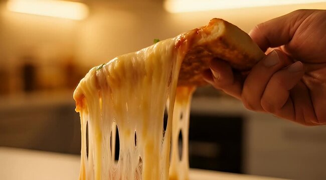 Mouthwatering pizza slice held up showing gooey melted cheese stretching down dramatically