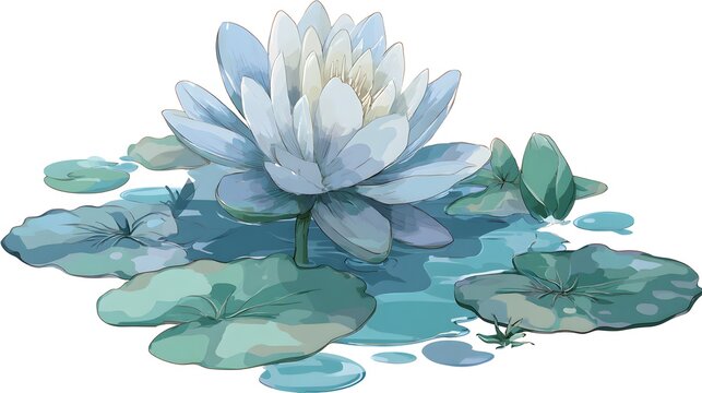 Beautiful White Water Lily Flower Floating on Water with Green Lily Pads.