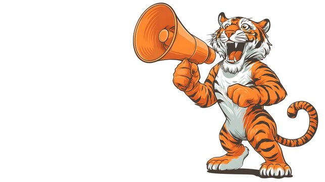 Cartoon Tiger Mascot Shouting Loudly Through a Megaphone.