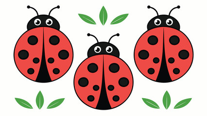 Fototapeta premium Three ladybugs with green leaves on a white background Vector, illustration