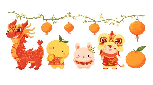 Chinese New Year Festive Characters and Decorations.