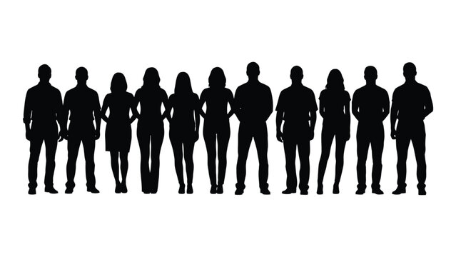 A group of diverse people standing together in a line, showcasing unity and solidarity in a minimalist silhouette illustration