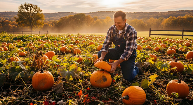 A cheerful middle aged man in overalls kneeling in a vast patch of pumpkins during the golden hour of harvest season
