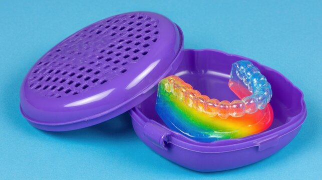 Colorful dental retainer in purple case on blue background