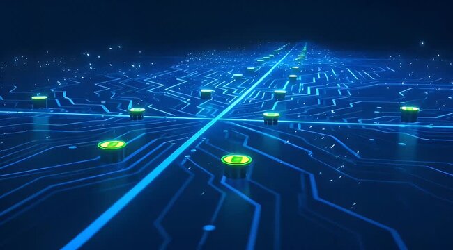 Futuristic blue circuit board with glowing components and data transmission visualization