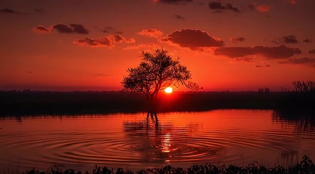 Serene sunset landscape with a tree silhouetted against a rippling body of water