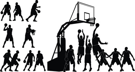 Professional Basketball Players Silhouettes Vector Illustration Featuring Athletes Dribbling Jumping Shooting and Slam Dunking Near Hoop for Sports Design Content © MstHabiba