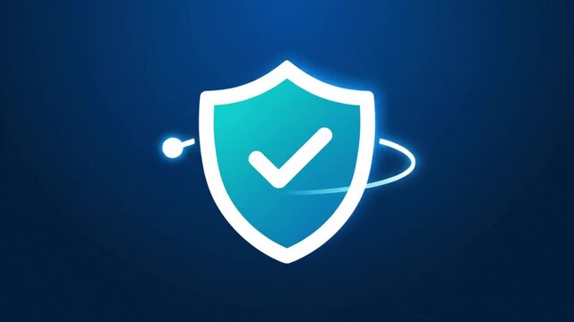 Glowing blue shield icon with a white checkmark on a dark blue background, surrounded by a white outline and a curved line, conveying a sense of security and protection.