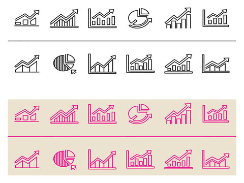 Collection of various business and finance graph icons in different colors and styles