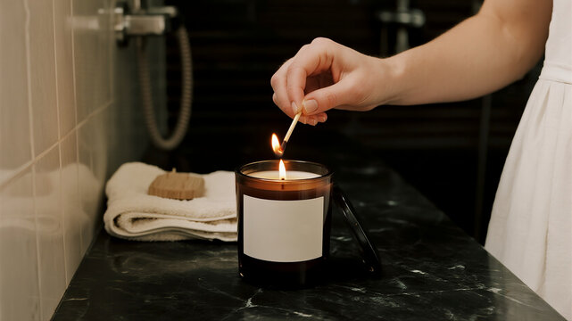 Hand striking a match to light an aromatherapy candle in a dark luxurious bathroom, preparing for spa