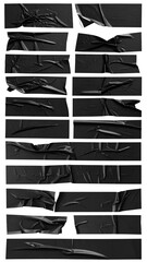 Strips of dark, crumpled adhesive tape arranged vertically on a white surface