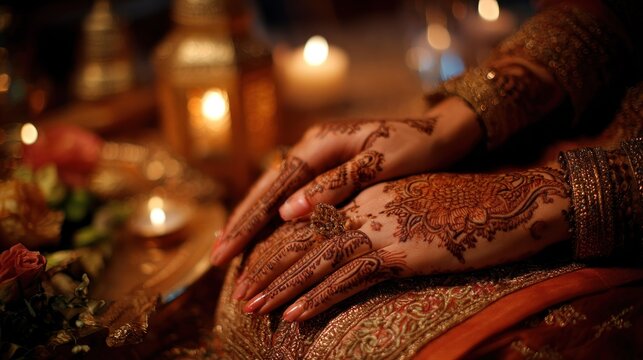 Close up of hands adorned with intricate henna patterns near candles