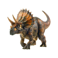 Fototapeta premium A brown and orange toy triceratops dinosaur standing isolated on transparent background
