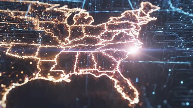 Glowing Digital Map of United States East Coast - This video features a stunning digital representation of the United States map, with a particular focus on the East Coast region.