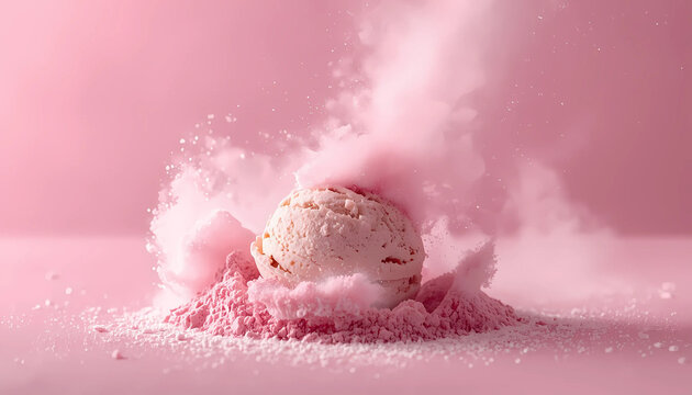A scoop of pink ice cream exploding with powdered sugar