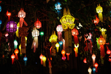 Colorful lanna lanterns decorating Wat Phantao temple in Chiang mai © Stéphane Bidouze