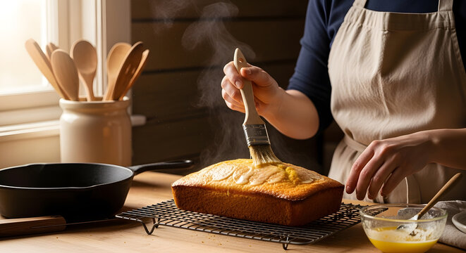 Baker using a pastry brush to glaze a warm steaming homemade cake on a cooling rack in a sunlit kitchen with wooden utensils