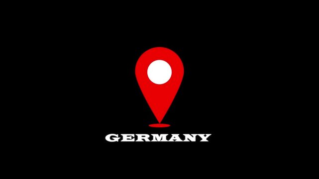 Germany Map Location Pin Animation. Germany text up down location pin pointer icon black background. Alpha channel GAPS location tracking animation. 4 video.