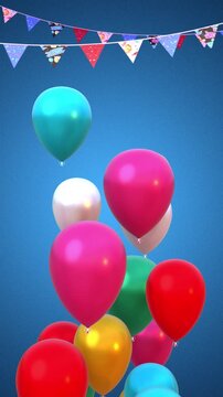 Happy birthday congratulation video with multi-colored balloons flying up and confetti falling down. Anniversary celebration loop animation